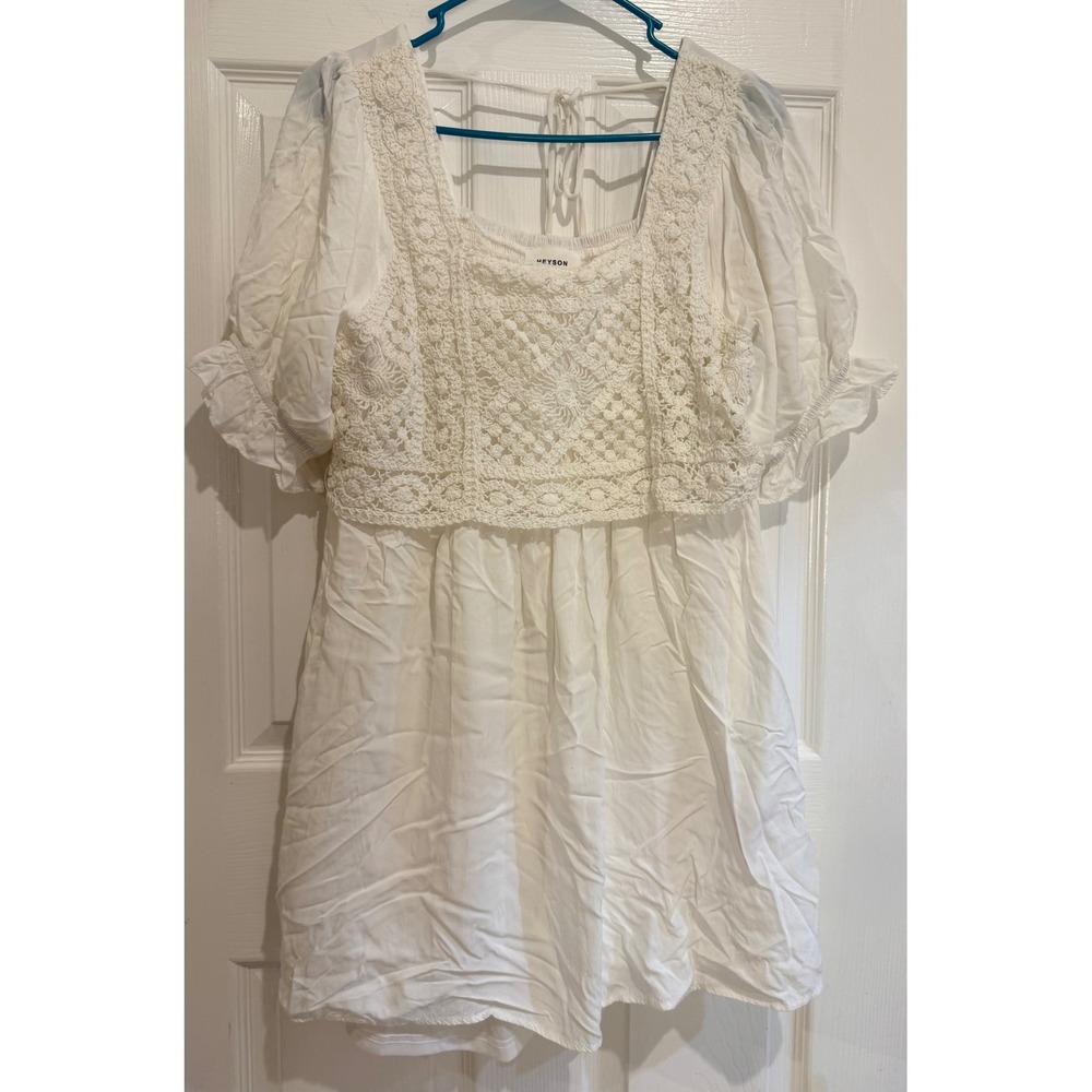 Heyson Crochet Mini Dress Square Neck Puff Sleeve White Dress Size M‎
